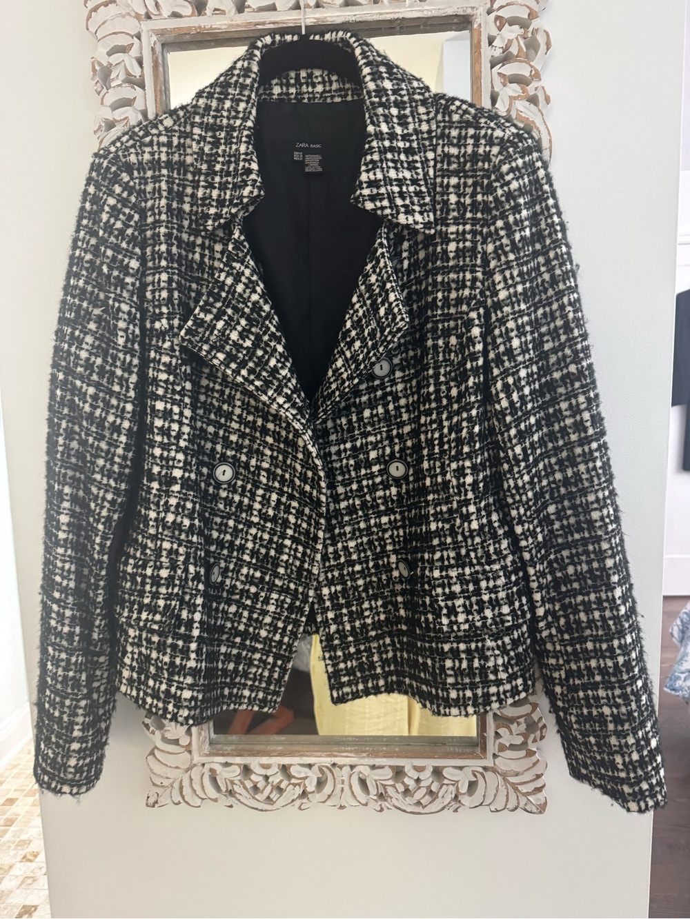 Zara Black & White Tweed Double-Breasted Blazer